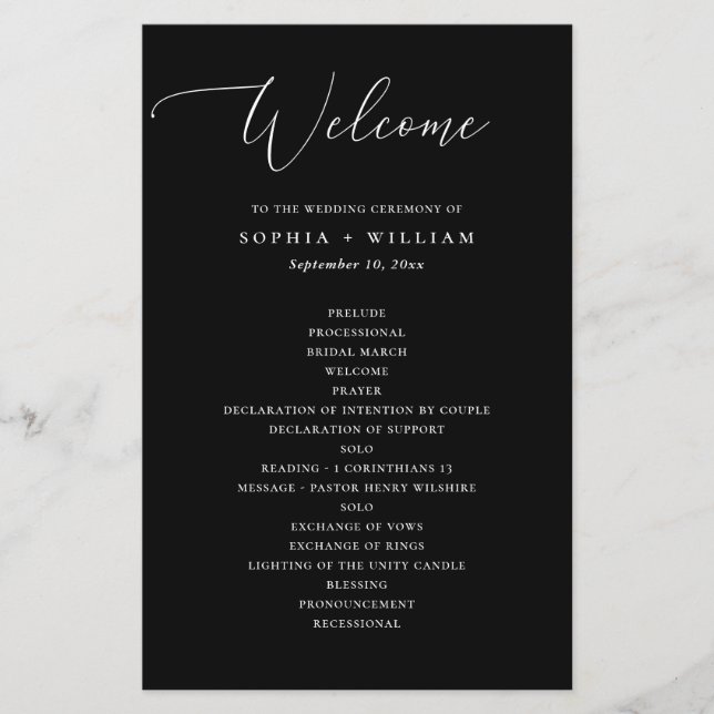 Élégant programme de mariage simple noir et blanc (Devant)