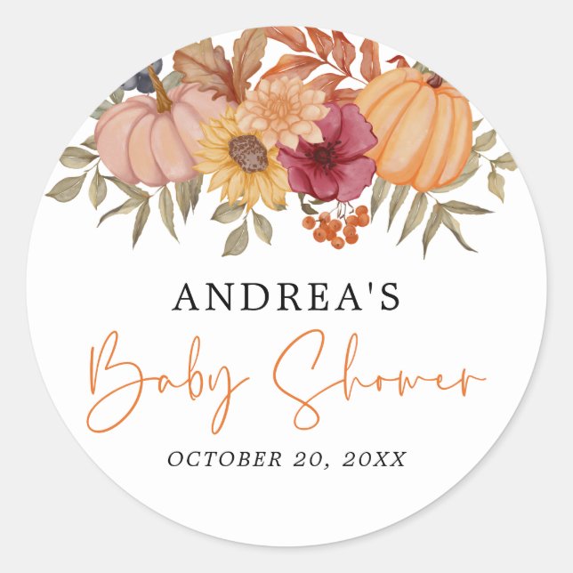 Elegant Pumpkin Herbst Blume Pumpkin Baby Dusche Runder Aufkleber (Vorderseite)