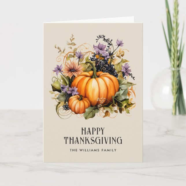 Elegant Pumpkins Floral Foto Happy Thanksgiving Karte (Vorderseite)