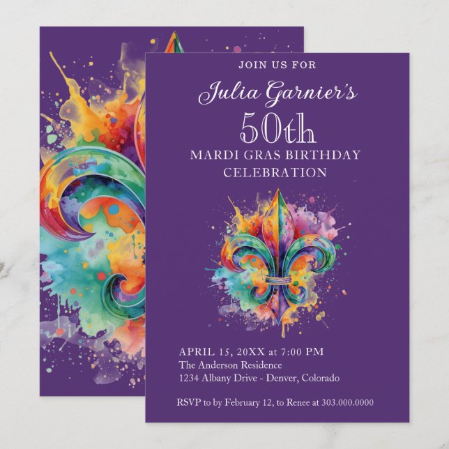Elegant Purple 50th Birthday Party Invitation (Vorne/Hinten)
