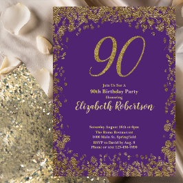Elegant Purple and Gold 90th Birthday Einladung