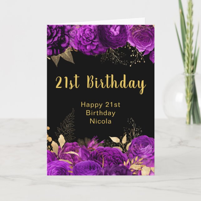 Elegant Purple and Gold Flowers Birthday Karte (Vorderseite)