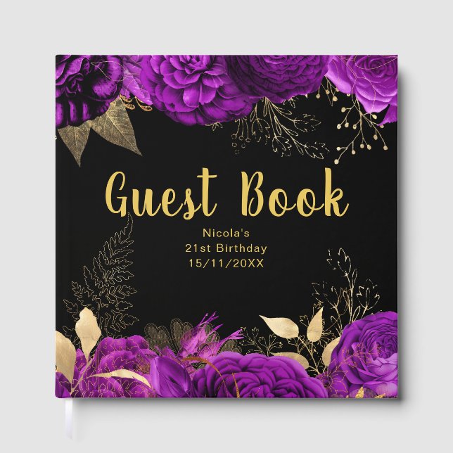 Elegant Purple and Gold Flowers Birthday Party Gästebuch (Vorderseite)