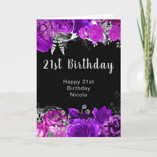 Elegant Purple and Silver Flowers Birthday  Karte (Vorderseite)