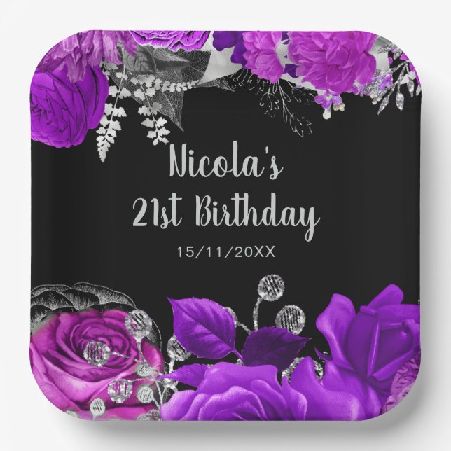 Elegant Purple and Silver Flowers Birthday Party  Pappteller (Vorderseite)