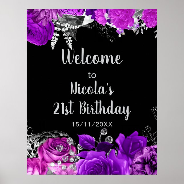 Elegant Purple and Silver Flowers Birthday Party  Poster (Vorne)