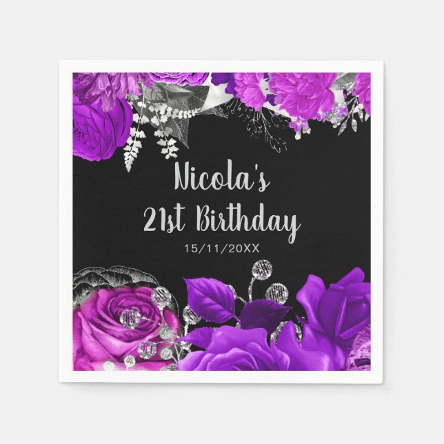 Elegant Purple and Silver Flowers Birthday Party  Serviette (Vorderseite)