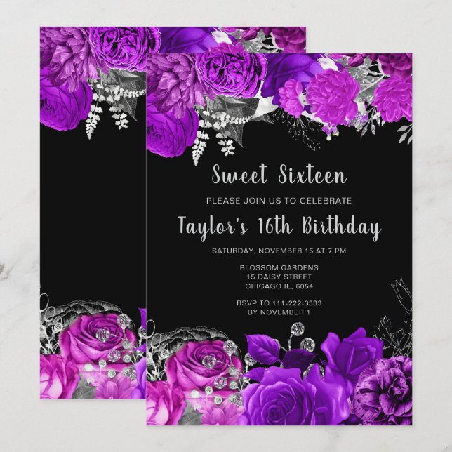 Elegant Purple and Silver Flowers Sweet Sixteen Einladung (Vorne/Hinten)