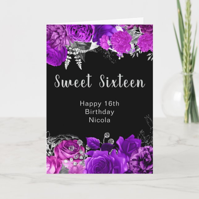 Elegant Purple and Silver Flowers Sweet Sixteen  Karte (Vorderseite)