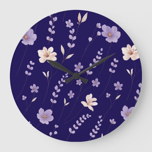  Elegant Purple & Beige Floral Pattern Große Wanduhr (Vorderseite)