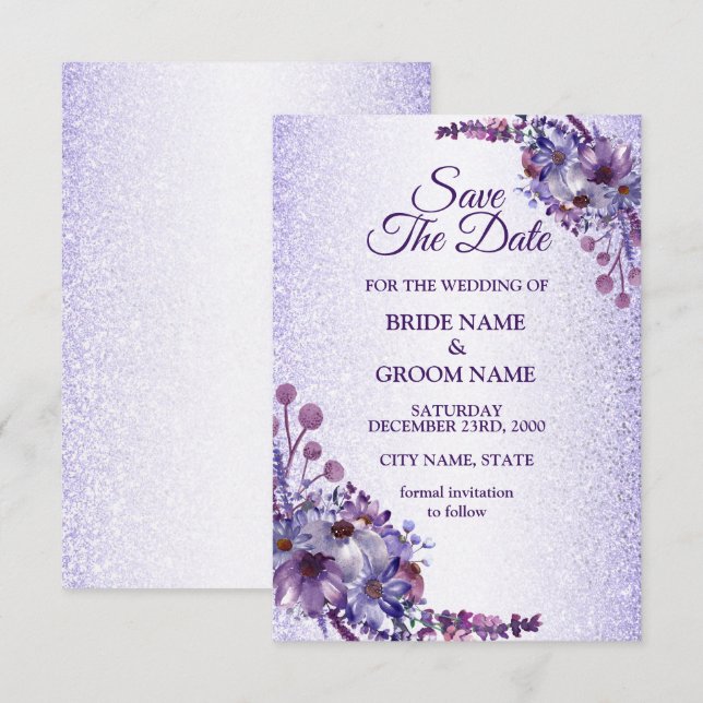 Elegant Purple Blue Pink Floral Glitter Wedding Save The Date (Vorne/Hinten)