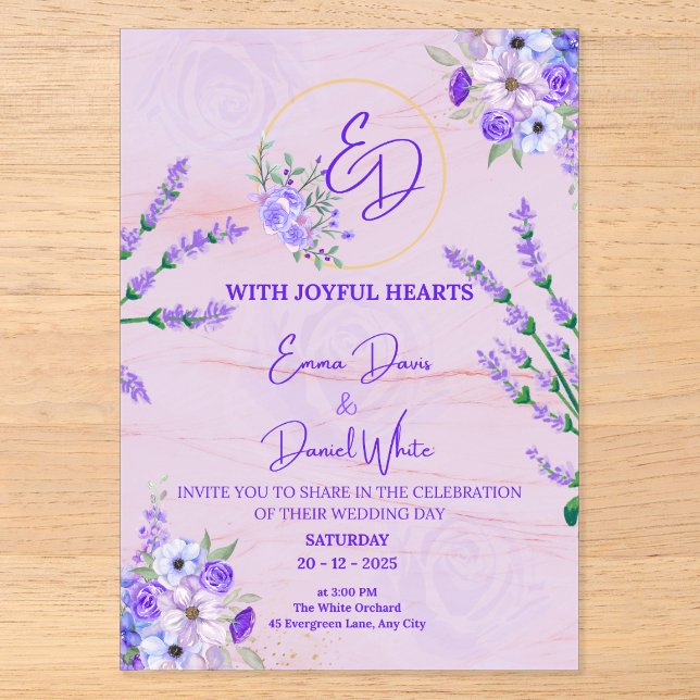 Elegant Purple Botanical Wedding Invitation Acryleinladungen (Vorderseite)