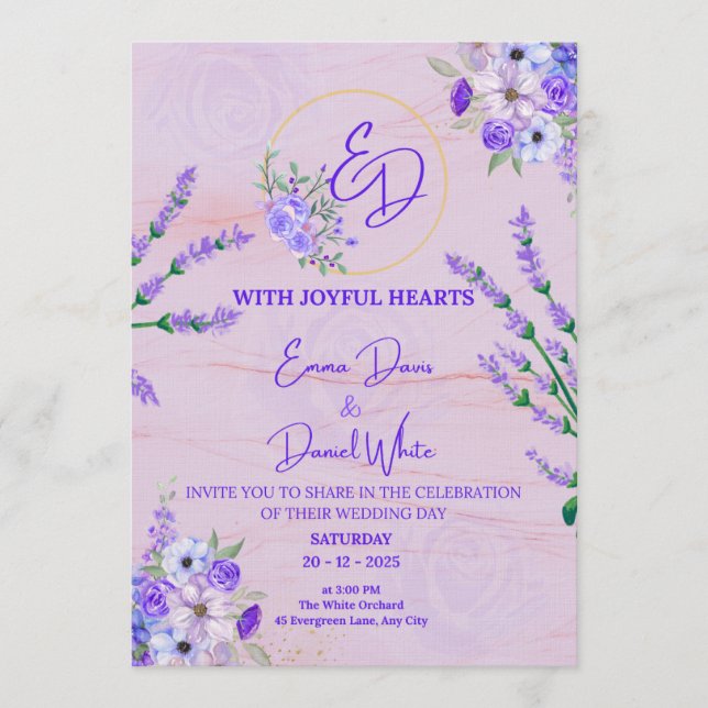 Elegant Purple Botanical Wedding Invitation Einladung (Vorderseite)