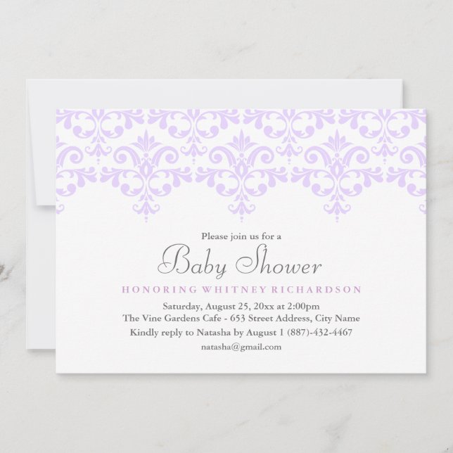 Elégant Purple Damask Baby shower Invitation (Devant)