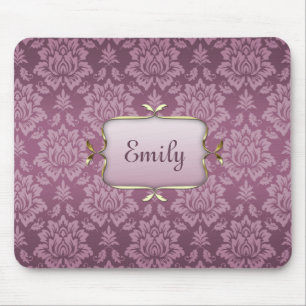 Elegant Purple Damask with Custom Name Mousepad
