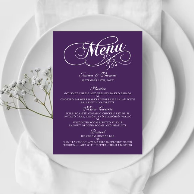 Élégant Purple Et Blanc Mariage Menu Modèles (Créateur téléchargé)