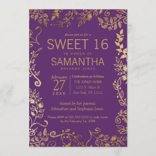 Élégant Purple et Gold Floral Sweet 16 Invitations