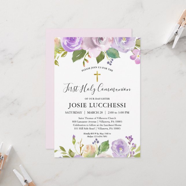 Élégant Purple Floral Baptême Communion Invitation (Devant/Arrière en situation)