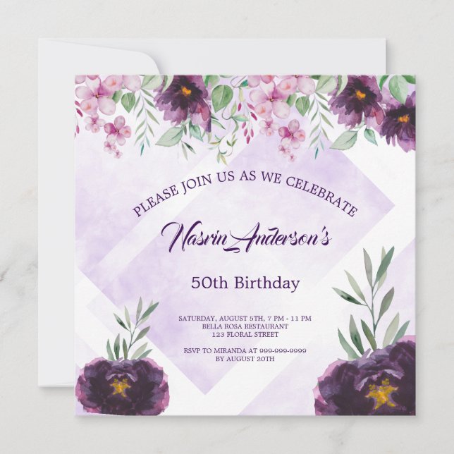 Elegant Purple Floral Birthday Invitation (Vorderseite)