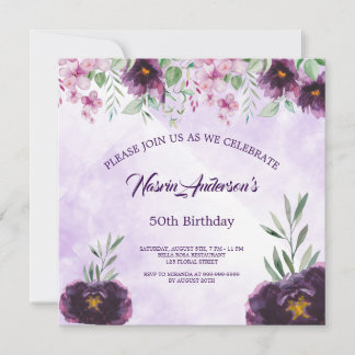 Elegant Purple Floral Birthday Invitation