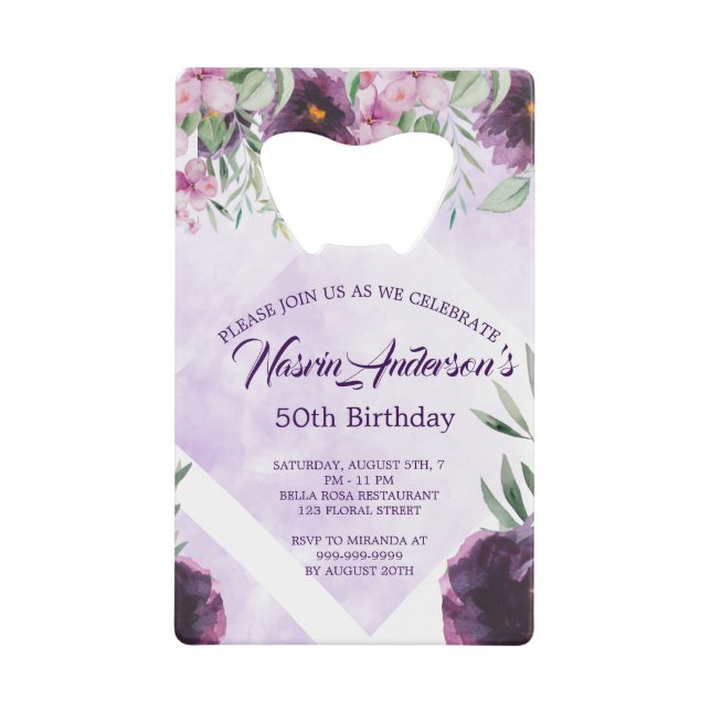 Elegant Purple Floral Birthday Invitation Geldbeutel Flaschenöffner (Vorderseite)