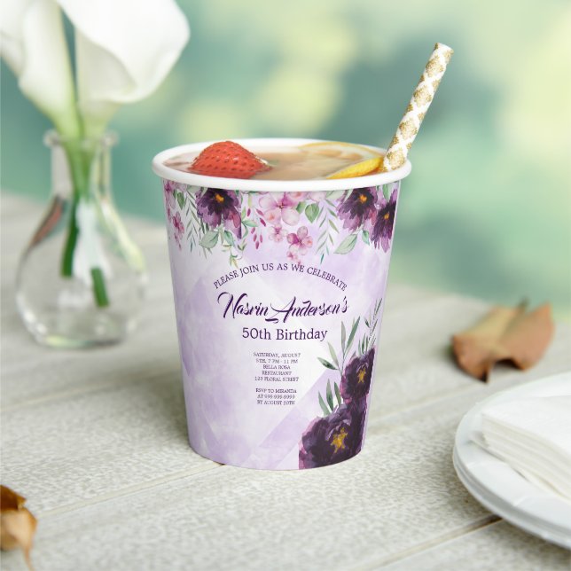Elegant Purple Floral Birthday Invitation Pappbecher (In Situ)
