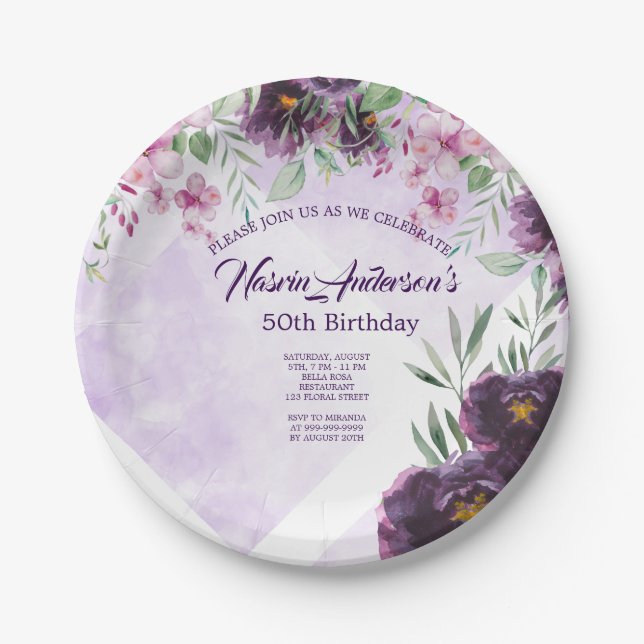Elegant Purple Floral Birthday Invitation Pappteller (Vorderseite)