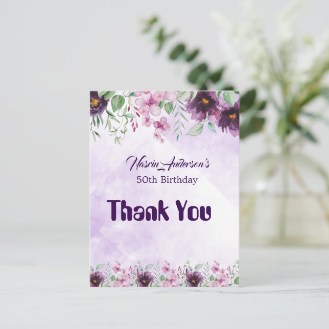 Elegant Purple Floral Birthday Invitation Postkarte (Stehend Vorderseite)