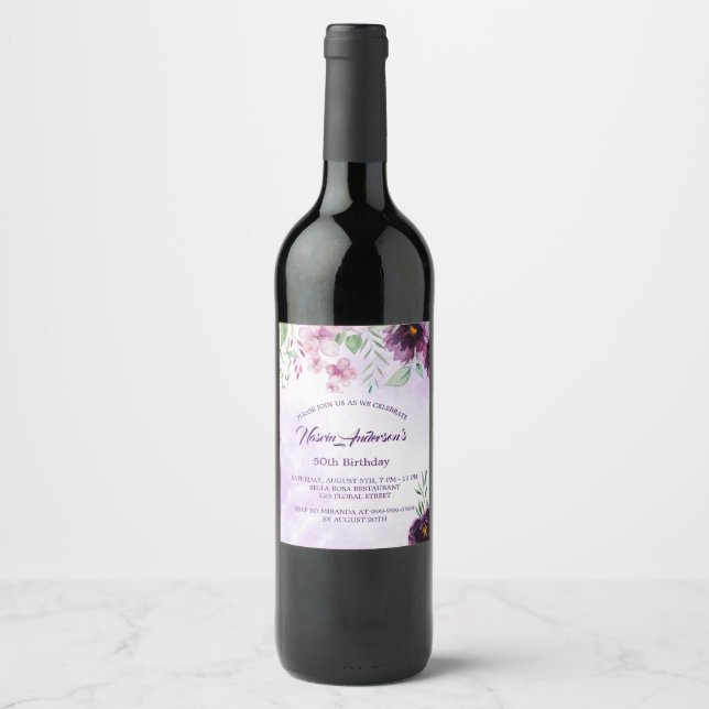 Elegant Purple Floral Birthday Invitation Weinetikett (Vorderseite)