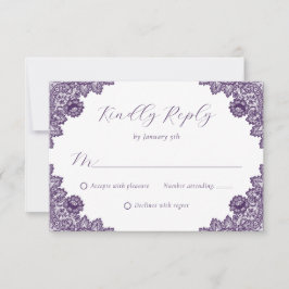 Elegant Purple Floral Lace Burlap Hearts Wedding RSVP Karte