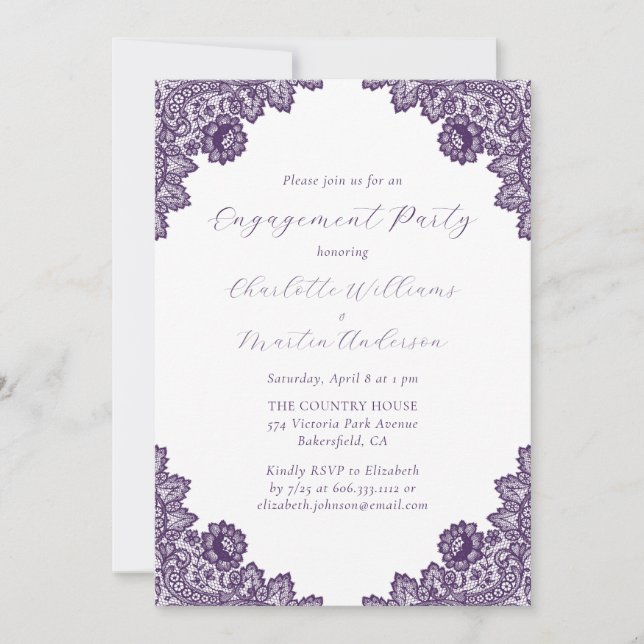 Elegant Purple Floral Lace Rustic Engagement Party Einladung (Vorderseite)