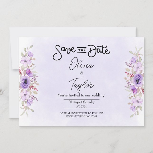 Elegant Purple Floral Wedding Save the Date Einladung (Vorderseite)