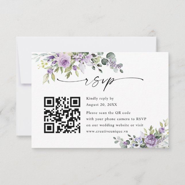 Elegant Purple Floral Wedding Website QR Code RSVP Karte (Vorderseite)