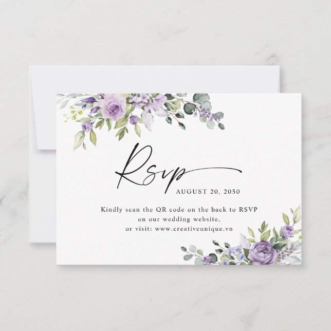 Elegant Purple Floral Wedding Website QR Code  RSVP Karte (Vorderseite)
