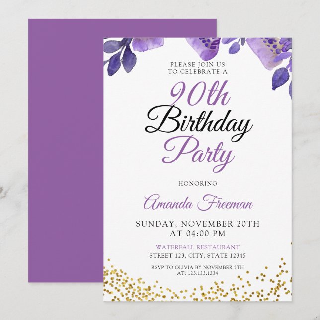 Elegant Purple Flowers 90. Geburtstag Einladung (Vorne/Hinten)