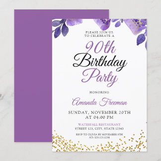Elegant Purple Flowers 90. Geburtstag Einladung