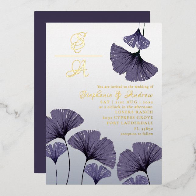 Elegant Purple Ginkgo Foliage Wedding  Invitation (Recto/Verso)