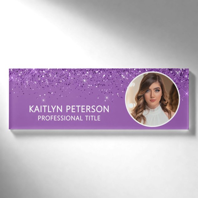 Elegant Purple Glitter Employee Photo ID Namenschild (Vorderseite)