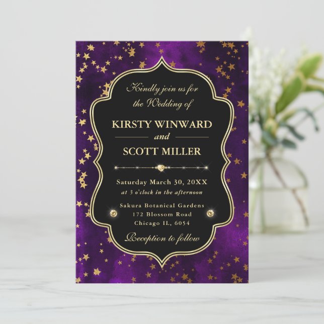 Elegant Purple  & Gold Celestial Starry Wedding Einladung (Stehend Vorderseite)