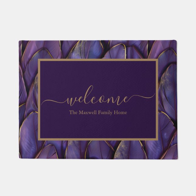 Elegant purple gold feathers name welcome  fußmatte (Vorderseite)