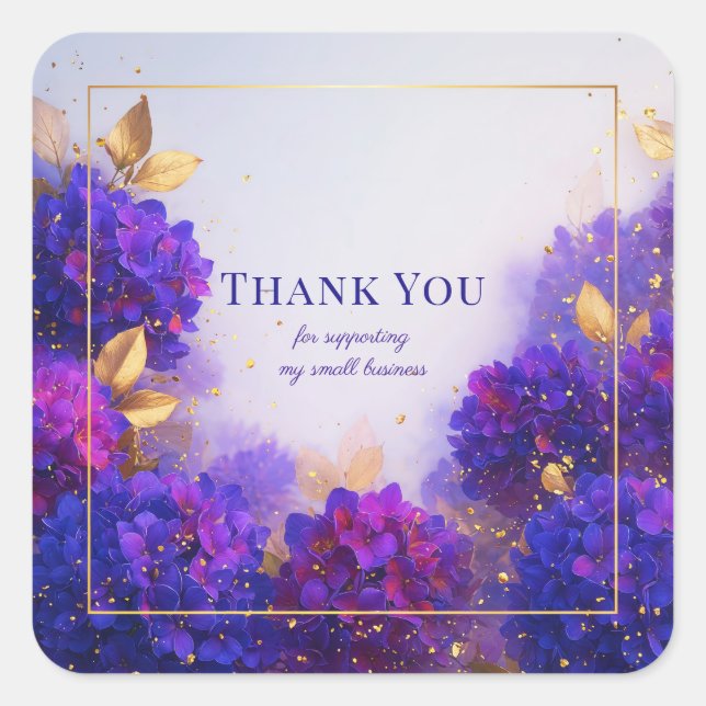 Elegant Purple Gold Hydrangea Floral Sparkle Quadratischer Aufkleber (Vorderseite)