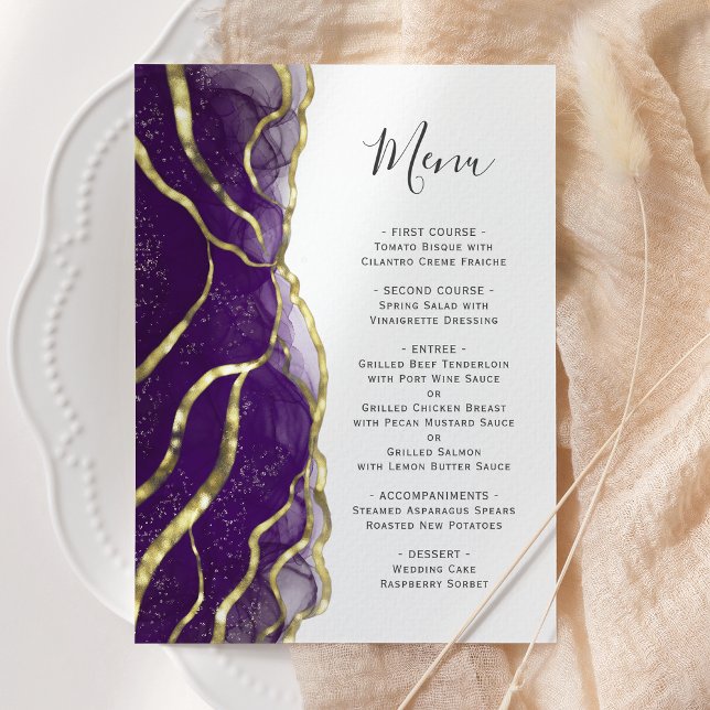 Elegant Purple Gold Ink Wedding Menu Menükarte (Von Creator hochgeladen)
