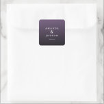 Elegant Purple Gratitude Card Quadratischer Aufkleber<br><div class="desc">This elegant wedding sticker features a gradient purple background with clean, modern typography. The design showcases two names in bold, uppercase letters, separated by an ampersand, and includes a subtle "thank you" message at the bottom. Its minimalist style exudes sophistication and gratitude, making it perfect for expressing appreciation at formal...</div>