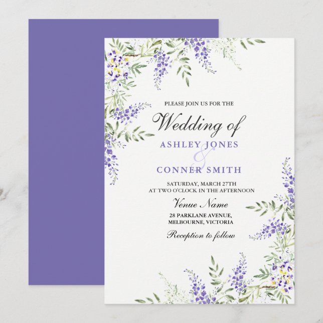 Elégant Purple Lavender Floral Wedding Invitation (Devant / Derrière)