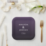 Elegant Purple Minimalist Wedding Invitation Pappteller<br><div class="desc">These elegant wedding plates feature a sophisticated design with a gradient purple background that transitions from deep to light shades, creating a subtle depth. The layout is minimalistic and centered, showcasing clean, modern typography in a serif font that adds formality and charm. Perfect for formal occasions, the plates convey an...</div>