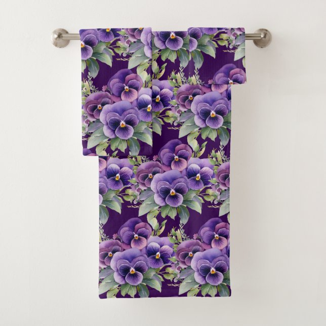 Elegant Purple Pansy Pansies Floral Towel Set (Insitu)