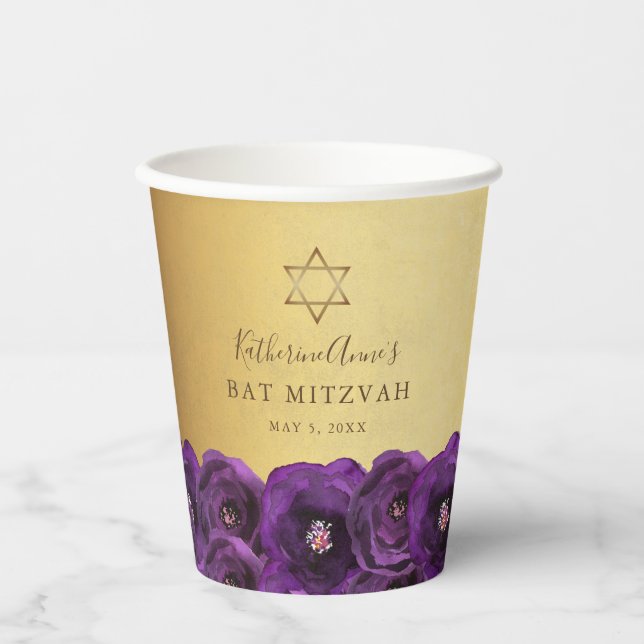 Elegant Purple Rose Floral Gold Bat Mitzvah Pappbecher (Vorderseite)