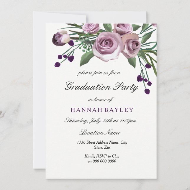 Élégant Purple Rose Graduation Party Invitation (Devant)