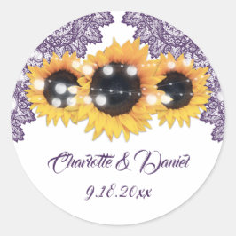 Elegant Purple Rustic Sunflower Wedding Runder Aufkleber