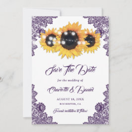 Elegant Purple Sunflower Floral Lace Wedding Save The Date
